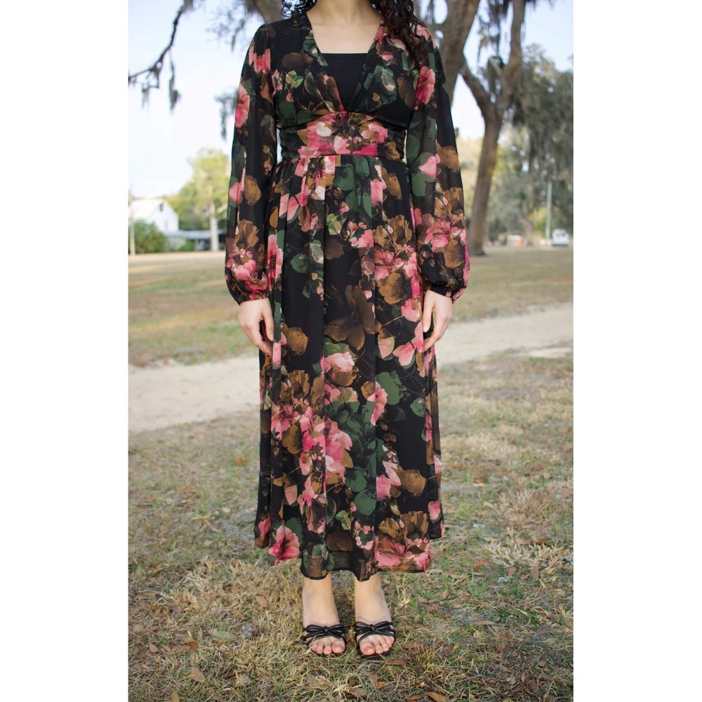 OneTheLand Womens Black Pink Floral V-Neck Long‎ Sleeve Midi Dress Sz M /#26305
